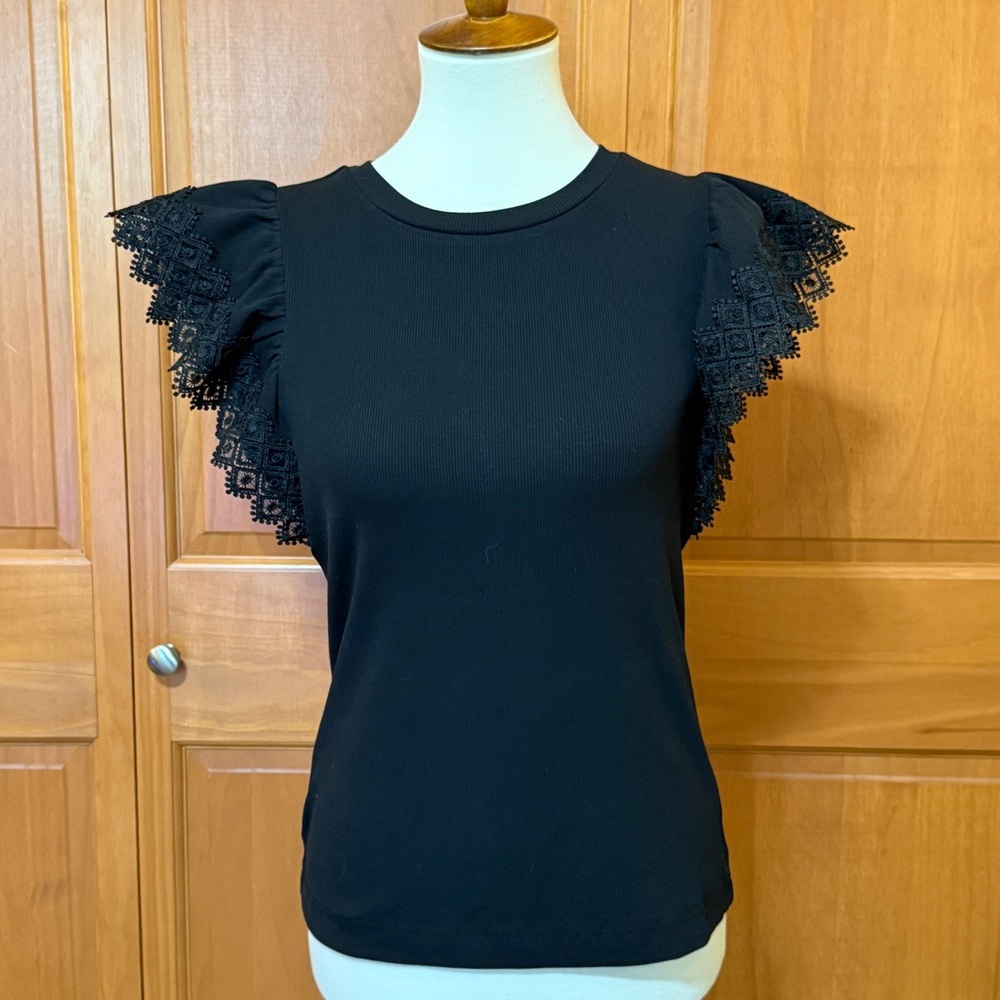 Truth Black Lace Sleeve Ribbed T Shirt Top